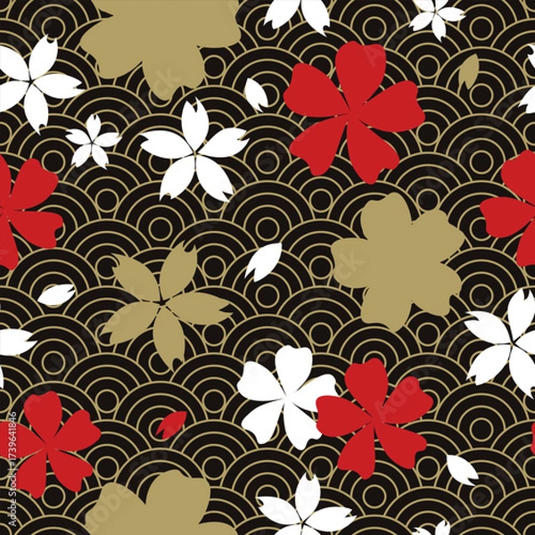 Fototapeta Japanese classic sakura and ornaments seamless patterns festive design in red, white, black and gold
