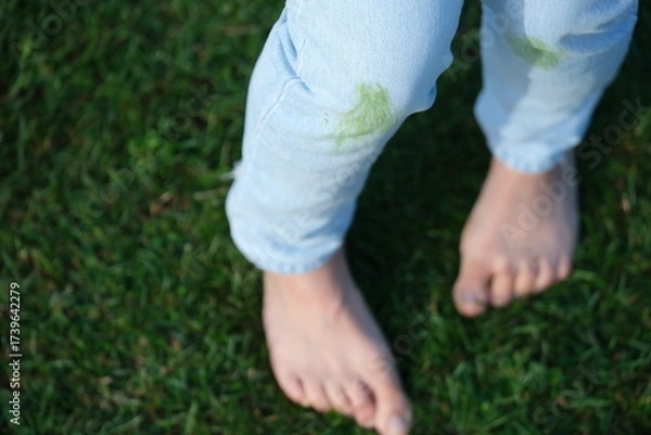 Fototapeta Dirty jeans with grass on their knees on a background of grass. The concept of eco-friendly stain removal on clothes. top view 