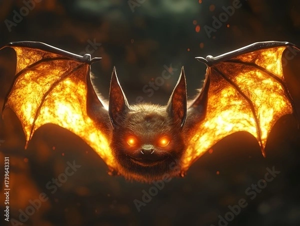 Obraz  fantasy glowing bat creature flying orange illuminated wings magical mystical animal dark atmospheric supernatural concept