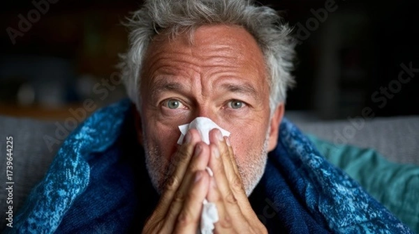 Fototapeta Man with beard wearing face mask, eyes closed, tissue in hand.