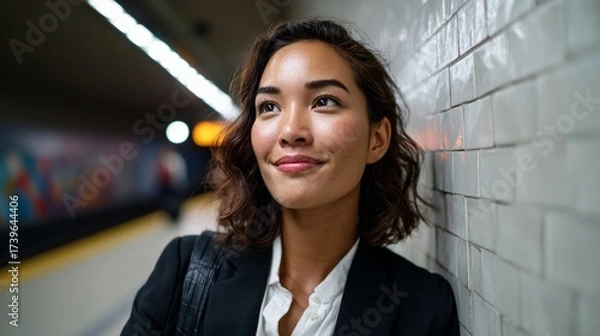 Fototapeta A young woman smiling at the camera while standing next to a subway wall.