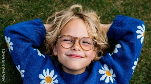 Fototapeta Girl lying on grass, smiling, wearing glasses and blue sweater with daisy pattern.