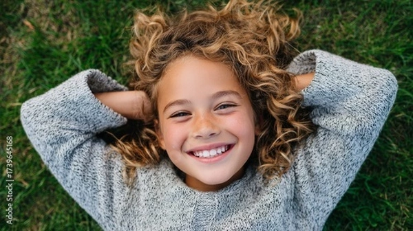 Fototapeta Girl lying down on grass, smiling and relaxed.