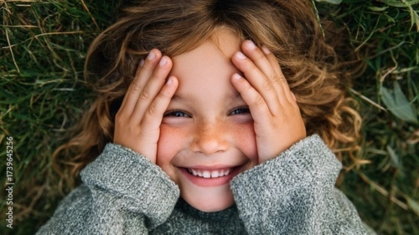 Fototapeta A young child covering their face with both hands, smiling broadly.