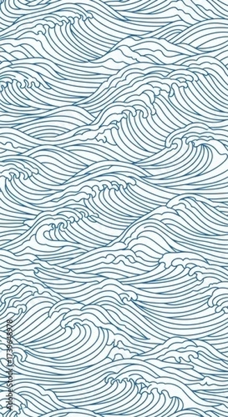 Obraz Stylized flowing water illustration featuring turbulent ocean waves in a classic blue and white Japanese line art pattern