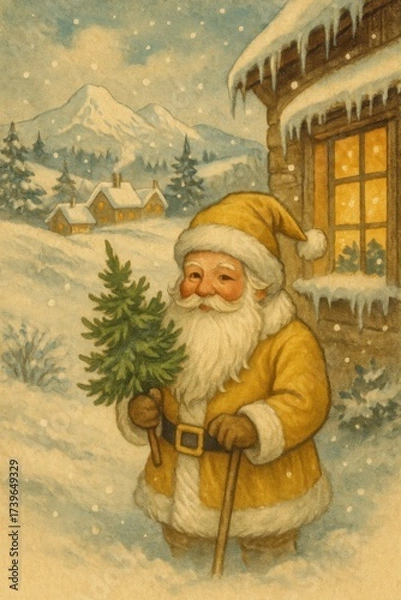 Fototapeta Vintage Christmas postcard illustration with Santa Claus in golden coat holding a small Christmas tree in snowy mountain village, warm lights in cabin window. Illustration by Generative AI