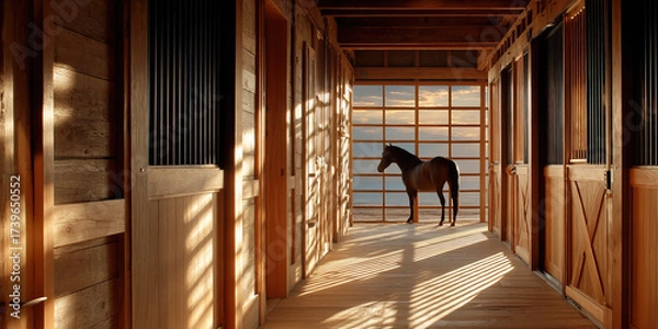 Obraz Modern stable interior featuring a stallion against a scenic backdrop in a movie setting