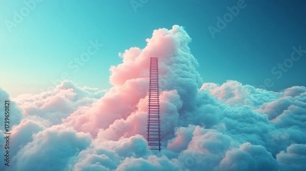 Fototapeta A staircase in the sky among the clouds against the backdrop of a sunset symbolizes the pursuit of dreams. Suitable for motivational posts and covers of self-help books.