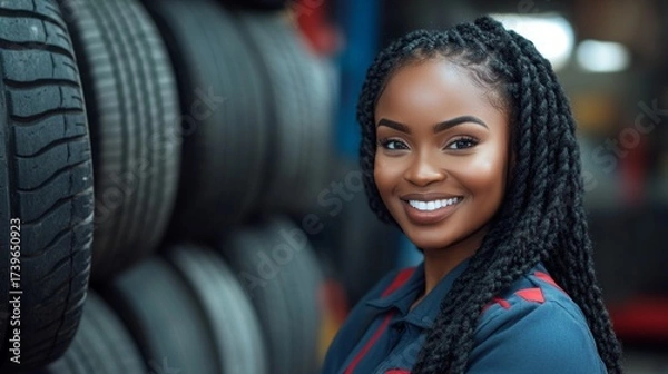 Fototapeta A smiling woman in work clothes against a backdrop of tires in an auto repair shop, ideal for articles about professions, careers, or industry.