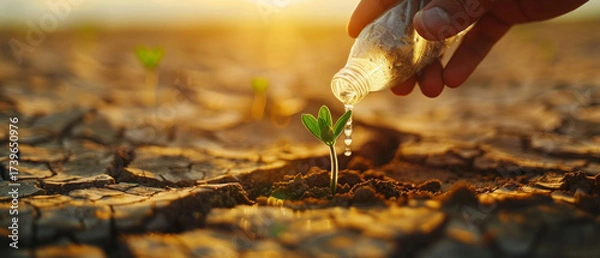 Fototapeta A hand waters a young sprout from a plastic bottle on dry, cracked earth during a drought — an illustration of hope and the fight against climate change, environmental projects, 