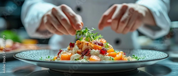Fototapeta Culinary art: the chef decorates the dish with fresh herbs, bright colors, and appetizing presentation to enhance the atmosphere of restaurants and cooking classes.