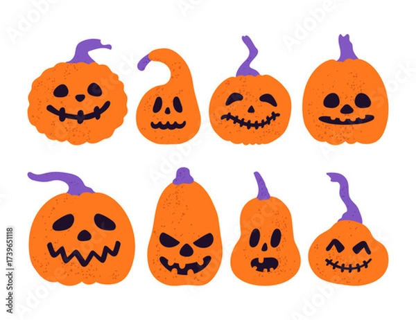 Fototapeta Flat collection of hand drawn bright scary pumpkins. Spooky design for Halloween isolated on white. Cute jack o lantern with different face expressions.
