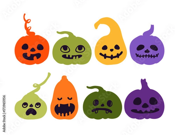 Fototapeta Flat collection of hand drawn bright scary pumpkins. Spooky design for Halloween isolated on white background. Cute jack o lantern with different face expressions.