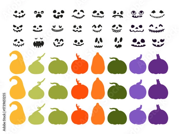 Fototapeta Set of scary and spooky pumpkin faces for Happy Halloween. Bright pumpkins and silhouette jack o'lantern expressions, eyes and mouths for design your own monster characters.
