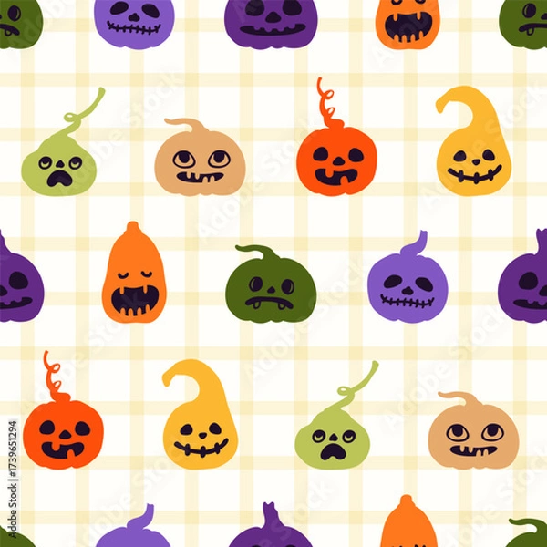 Fototapeta Bright jack o lantern pumpkins vector seamless pattern. Gingham fall and Happy Halloween background.