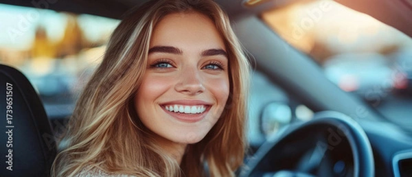 Fototapeta A girl with long blonde hair smiles while sitting behind the wheel of a car.
Suitable for topics related to travel, freedom, driving,  