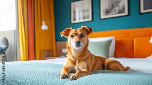 Fototapeta A red-haired dog lies on a bed in a cozy room with bright accents in the interior.
Suitable for hotel advertisements, articles about traveling with pets,  