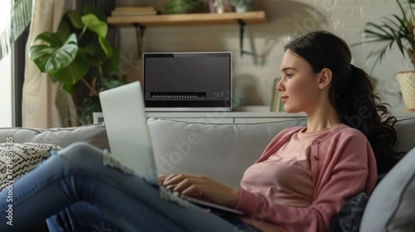 Fototapeta A woman works on her laptop in a cozy home setting, her gaze focused on the screen.
Ideal for articles about remote work, online education, modern lifestyles, work-life balance 
