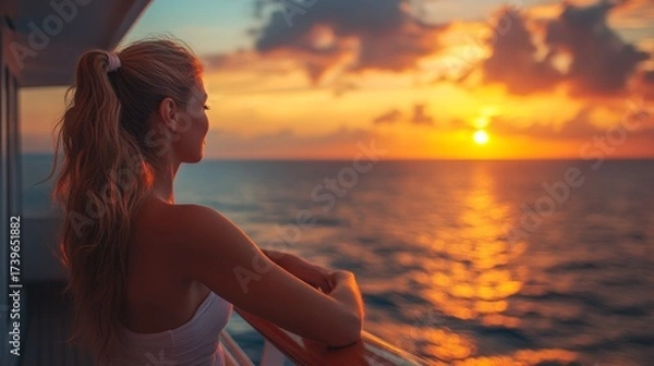 Fototapeta A girl with a high ponytail watches the sunset over the sea, the sun's rays reflecting off the water, creating an atmosphere of calm and freedom.
It perfectly conveys the mood of travel, cruises 