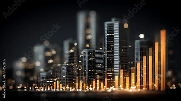 Fototapeta Modern Night City Skyline with Illuminated Skyscrapers and Bright Financial Graphs