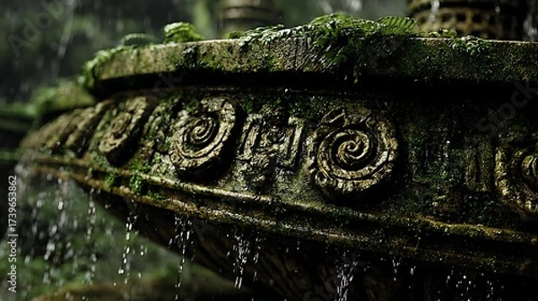 Fototapeta Moss-covered Ancient Stone Fountain Decorative Carving in Rainy Forest Setting