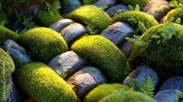 Fototapeta Moss-covered Stones in Natural Garden Setting with Lush Greenery and Soft Sunlight