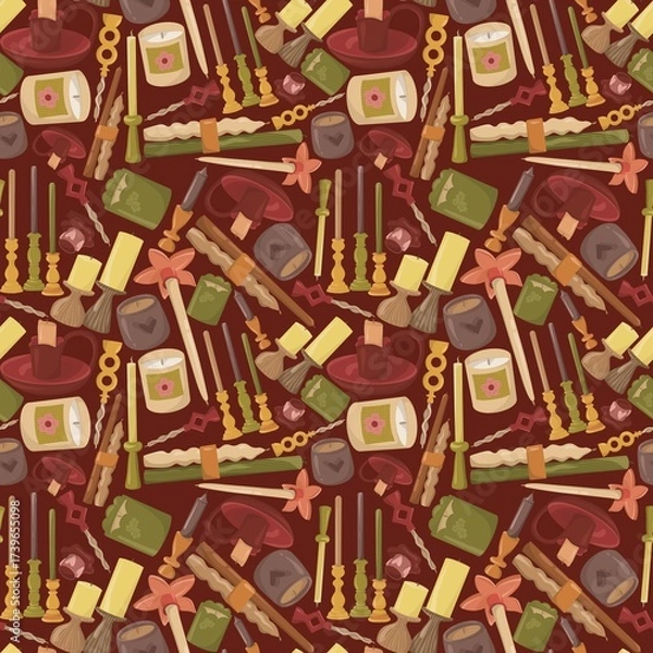 Fototapeta Seamless decorative pattern with different burning candles, candlesticks and cozy warm details. Ideal background for festive, autumn or winter themed designs.