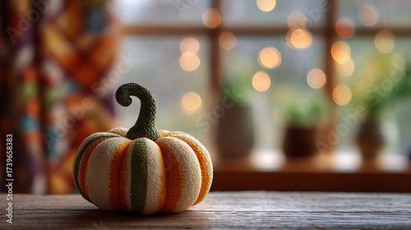 Obraz Charming Knitted Pumpkin Adorns a Rustic Table with Festive Lights