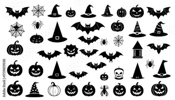 Fototapeta Set of different types Halloween icons, svg vector design on transparent background.