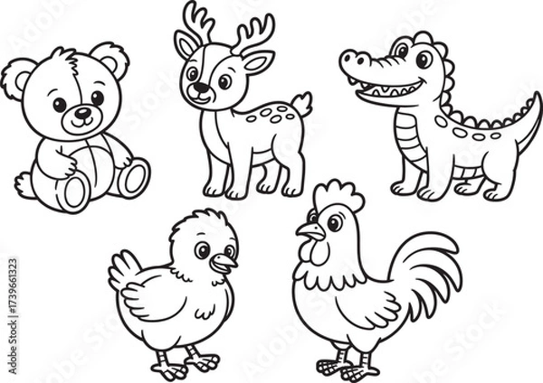 Fototapeta Charming Cartoon Animal Collection in Black and White for Coloring Books and Educational Materials a Delightful Selection