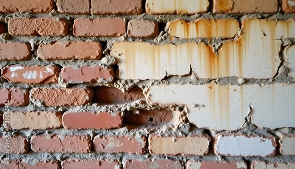 Fototapeta Weathered Brick Texture: A close-up view of a rustic brick wall showcases the intricate details of aged and weathered brickwork, with visible traces of the passage of time, evokes a sense of history.