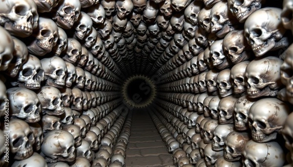 Fototapeta Skull Tunnel: An intriguing tunnel made of skulls, creating an eerie and captivating perspective, emphasizing the beauty of the macabre. A striking and artistic representation of mortality.
