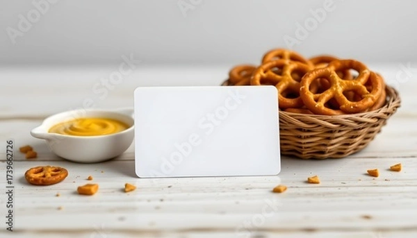 Fototapeta Pretzel and Mustard Delight: A picturesque setting features a basket overflowing with perfectly baked pretzels, complemented by a dipping bowl of savory mustard and a blank card.
