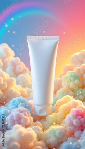 Fototapeta Cosmetic Tube Amidst Dreamy Clouds: A blank cosmetic tube floats amid fluffy, pastel-colored clouds with a rainbow in the background. Capturing the serene.