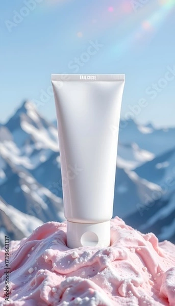 Fototapeta Skincare Essentials Amidst Mountain Majesty: A sleek white tube of skincare product rests upon a soft pink fabric, with snow-capped mountains and a clear blue sky in the background.