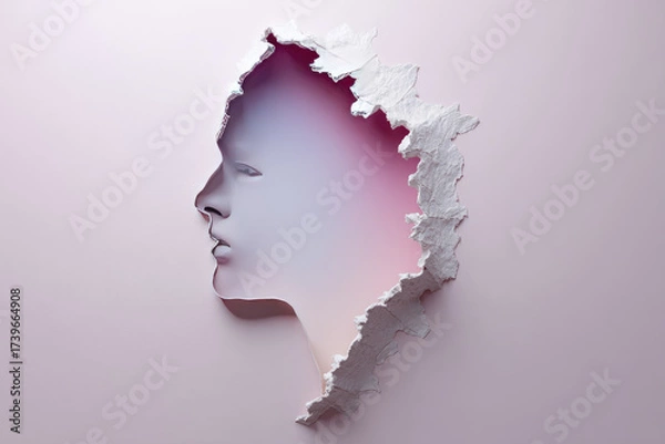 Fototapeta Surreal profile silhouette of human face emerging from torn paper with soft pastel gradient background, evoking creativity and introspection in modern art style