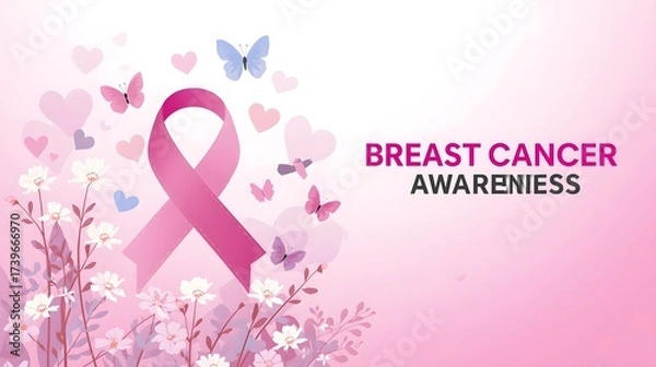 Fototapeta Breast cancer awareness pink ribbon floral illustration with butterflies hearts and soft pastel bokeh background, campaign poster for fundraising, screening promotion and survivor support