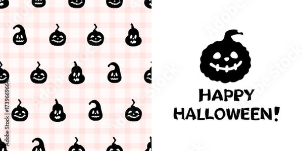 Fototapeta Cute spooky smile pumpkins silhouettes on a gingham chack background. Seamless vector pattern. For Happy Halloween holiday fabric, wrapping paper, textile.