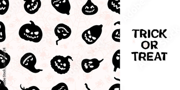 Fototapeta Cute spooky smile pumpkins silhouettes on a doodles background. Seamless vector pattern. For Happy Halloween holiday fabric, wrapping paper, textile.
