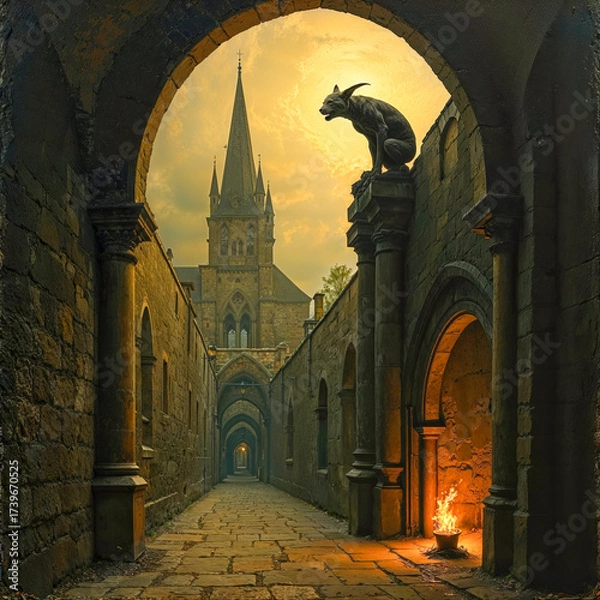 Obraz Grand Gothic Aisle with Mythical Guardian and Golden Light