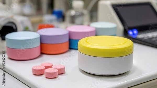 Fototapeta Close up of colorful tablets with various containers around them