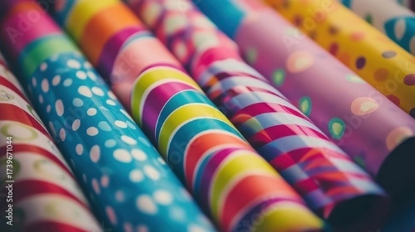 Fototapeta Close up of colorful wrapping paper rolls with various patterns