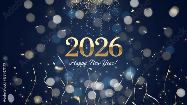 Obraz A festive Happy New Year 2026 greeting card. Gold and silver confetti and streamers fall on a dark blue background, creating a celebratory and elegant design.