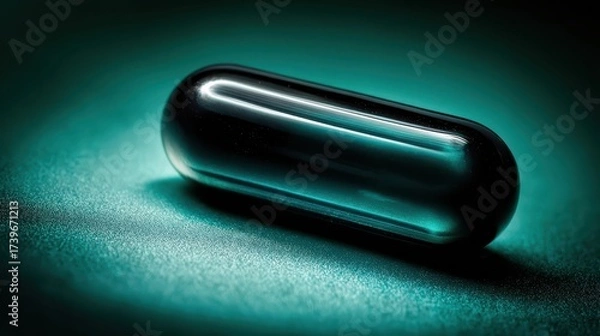 Fototapeta Close up of dark green capsule resting on a teal surface