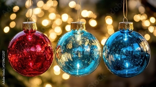 Fototapeta Close Up of Festive Christmas Ornaments Hanging with Bokeh Background