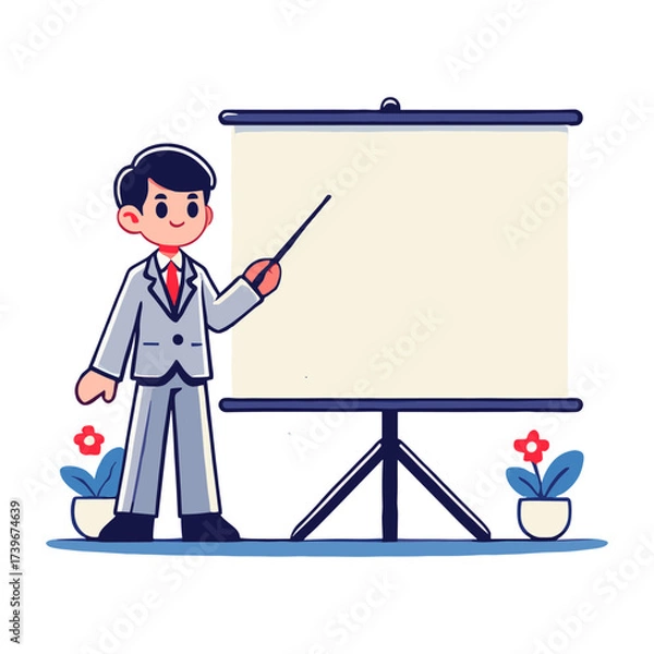 Fototapeta Cartoon of a Business Man in a Suit Presenting on a Blank Whiteboard