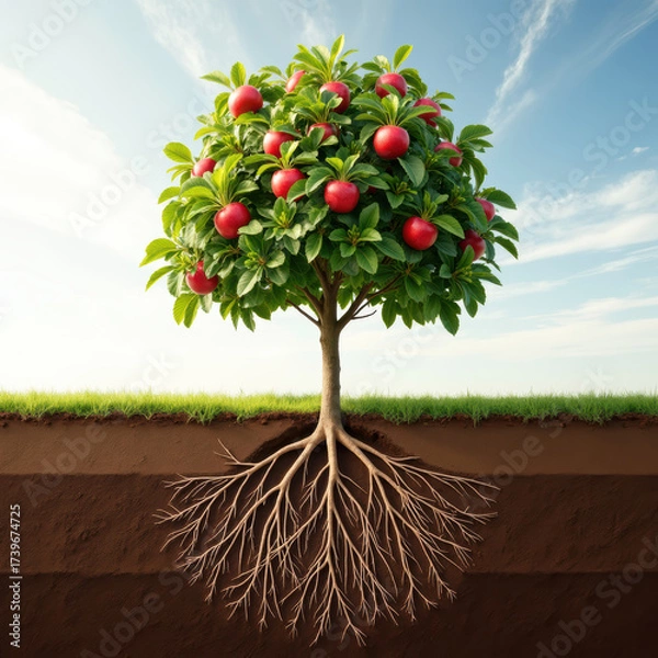 Obraz Vibrant apple tree with lush green leaves and ripe red apples stands above ground, showcasing its intricate root system below