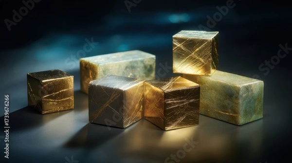 Fototapeta Close up of metallic foil wrapped cubes in studio light
