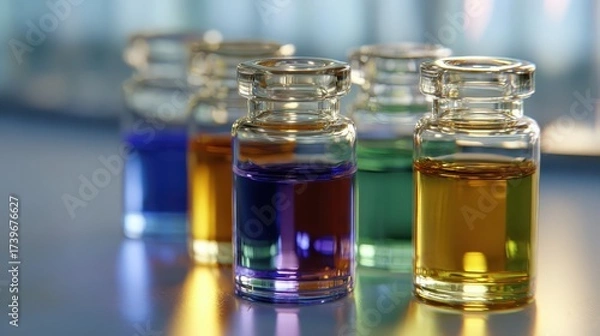Fototapeta Close up of multiple clear glass vials containing colorful liquids