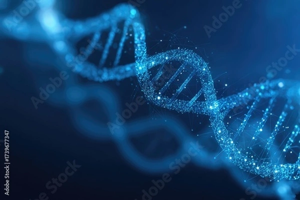 Fototapeta Detailed, glowing representation of a DNA double helix against a dark blue background